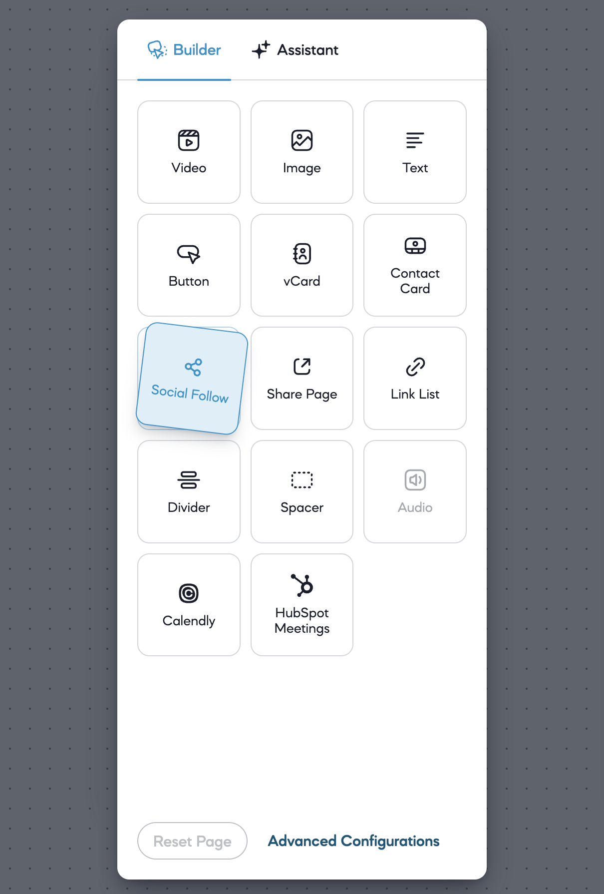 Picking up the Social Follow block from the builder palette
